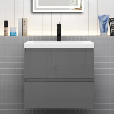 Produktbild von Badmöbel Set HUTI-Serie 60cm Mineralguss Waschbecken mit Unterschrank Badezimmermöbel mit 2 Schubladen Hochglanz Dunkelgrau Hängeschrank