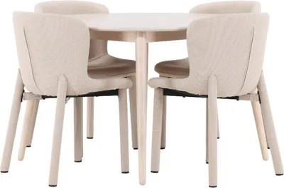 Zdjęcie produktu dla Flora zestaw do jadalni stół Ø120cm i 4 krzesła whitewash, beżowe.
