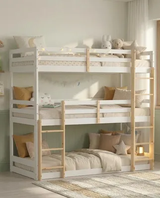 Produktbild von Homestyle4u Etagenbett 90x200 Kinder Hochbett mit Lattenrost Dreifachbett Weiß Massivholz Kinderzimmer Holz Gäste Stockbett mit Rausfallschutz, KI-generiertes Bild