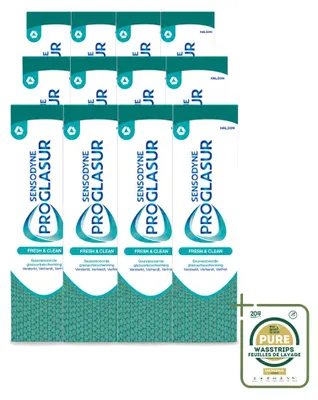 Imagen del producto de 12 tubos de pasta dental Sensodyne Proglasur Fresh & Clean, 75 ml cada uno, pack de 12 unidades