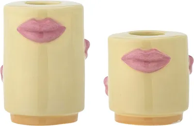 Image de 82062194, ensemble de 2 bougeoirs pour bougies chauffe-plat, de couleur jaune, en céramique, dimensions : 5 x 5 cm / 7 x 5 cm