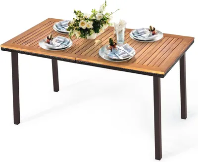 Produktbild von KOMFOTTEU Gartentisch mit Schirmloch, Esstisch aus Akazienholz, Holztisch mit Metallbeine, Terrassentisch für 6-8 Personen, 140 x 75 x 76 cm