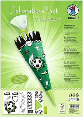 Produktbild von Ursus 988 00 20F - Dekorationsset Fußballspiel, 4 Bogen Bastelkarton DIN A4, zum Dekorieren einer Schultüte (Rohling nicht enthalten) beidseitig bedruckt, vorgestanzt, mit Satinband