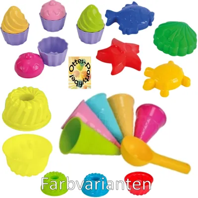 Produktbild von Sandspielzeug: 4 Sandförmchen + 1 Kuchen-Sandform + 5 Eistüten + 1 Portionierer + 8tlg. Cup Cake