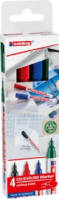 Zdjęcie produktu dla Edding 8400 CD/DVD/BD, Czarny, Niebieski, Zielony, Czerwony, Końcówka pociskowa, Plastik, 0,5 mm, 1 mm, Atrament na bazie wody