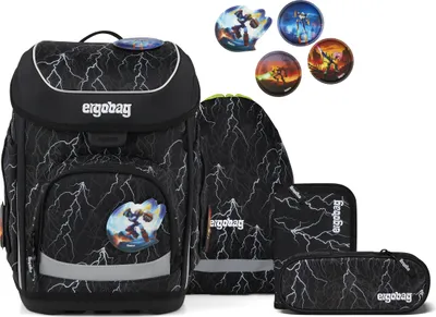 A collection of school supplies with a lightning bolt pattern, including a backpack, a pencil case, and decorative patches.