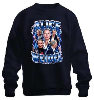 Immagine prodotto di Alice Weidel, AfD, dichiarazione sul patriottismo, sarcasmo, felpa con logo del Bundestag, colore blu navy, taglia M