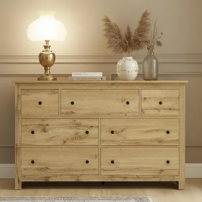 Image de Commode à 7 tiroirs, 152 cm, meuble de rangement, bois, style moderne champêtre