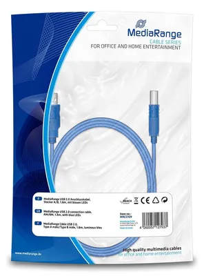 Zdjęcie produktu dla MediaRange USB Kabel A -> B St/St 1.80m blau LEDs