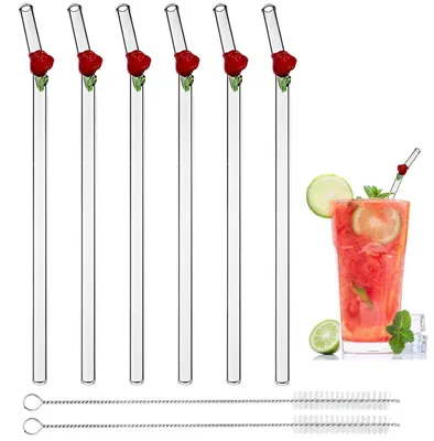 Produktbild von Glas-Trinkhalme gebogen 20cm 0,8cm Durchmesser 6er Set mit Reinigungsbürsten