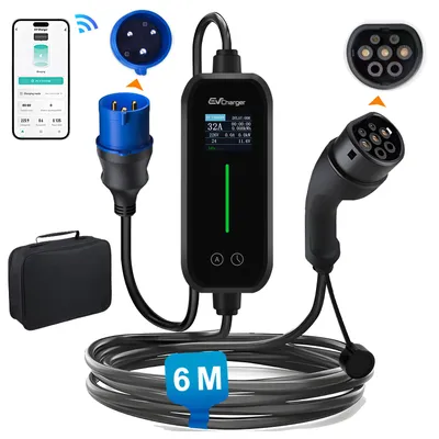 Obrázek produktu pro EV nabíječka typu 2, 7 kW, 32 A, režim 2, 6 metrů nabíjecího kabelu, displej 1,77 palce, ovládání přes aplikaci, nastavitelný proud 6A-32A, přenosná, stupeň krytí IP65, pro elektromobily, včetně transportní tašky