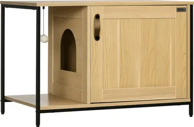 Image de PawHut Maison de toilette pour chat meuble cache litière pour chat style industriel porte entrée latérale boule suspendue châssis acier aspect bois clair