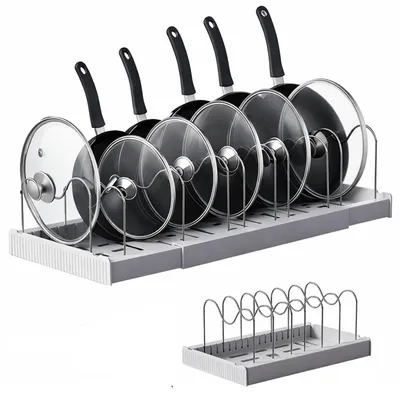 Produktbild von Topfdeckel Organizer, Erweiterbarer Topfdeckelhalter mit 7 Fächern, Pfannen Organizer, Grau