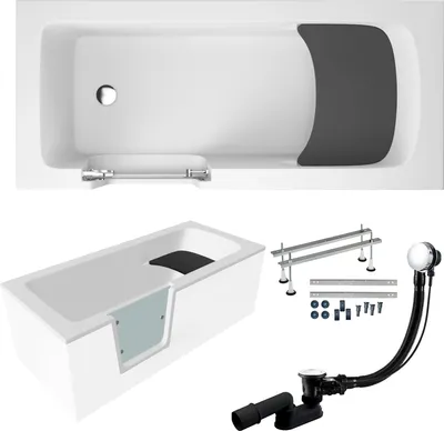 Produktbild von Badewanne Rechteck Set 5in1 180x80 Links, Seniorenbadewanne + Glastür und Holzsitz, Premium Ablaufgarnitur und Füßen | BADLAND VOVO