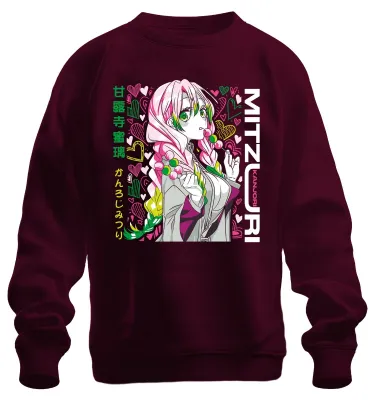 Productafbeelding van Mitsuri Kanroji, Demon Slayer anime, schattig, hart, pastelkleuren, cadeau, uni, sweatshirt, trui, bordeauxrood, maat S