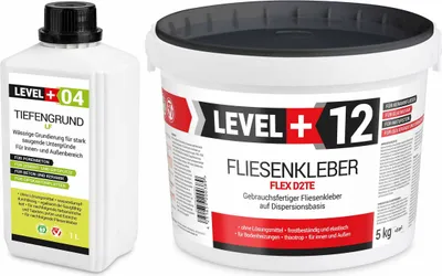 Produktbild von Set Fertig Fliesenkleber 5kg LEVEL+ Tiefengrund LF 1L Flexkleber Weiß SET205