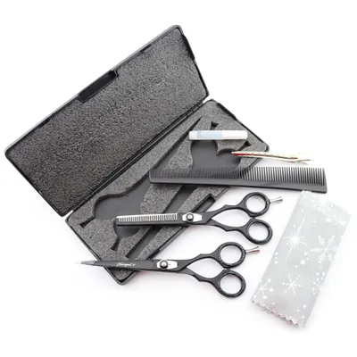 Produktbild von Haarschere Friseurscheren-Set schwarz Effilierschere, Schneideschere+Kamm+Etui 6" Bestens geeignet für professionelle Friseur- und Kosmetikschulen
