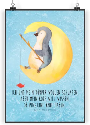 Produktbild von Mr. & Mrs. Panda Bild Pinguin Mond DIN A4 - Eisblau - Geschenk, Wanddekoration, Schlafzimmer, drucke, schlafen, Neugierig, Wandbild, wanddeko, Plakat, Spruch