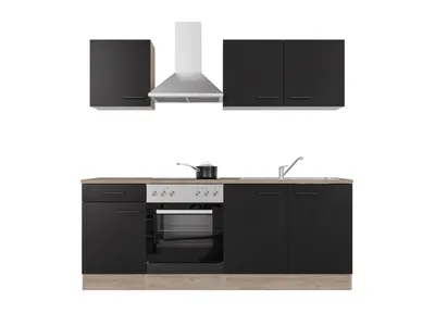 Produktbild von Küchenzeile mit E-Geräten - 210 cm breit - Schwarz matt Endgrain Oak – Capri