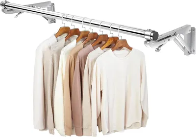Image de Étagère à vêtements pliante, hauteur de la barre : 76 cm, 2 supports muraux, en acier inoxydable, pour vêtements