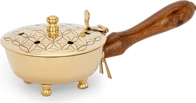 Produktbild von NKlaus Räucherpfanne mit Holzgriff Blume des Lebens Messing gold 20x9x7cm Räuchergefäß 14652