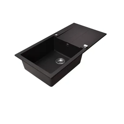 Produktbild von QLS Spülbecken aus Granit Neli 100x50 cm Abtropffläche Siphon schwarz metallic 11345