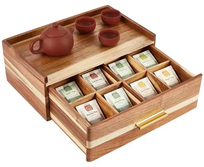 Thee-Organizer aus Akazienholz, 8 Fächer, 215 x 330 mm, braun