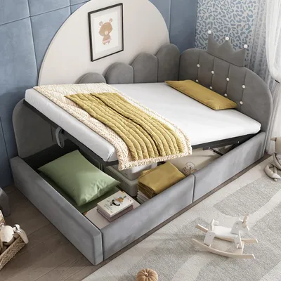 Produktbild von okwish Schlafsofa 90x200 Kinderbett mit hydraulischem Stauraum Polsterbett Einzelbett Kopfteil mit Kronenverzierung Grau (ohne Matratze)