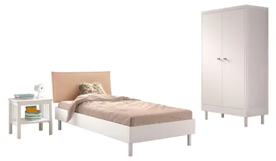 Produktbild von Einzelbett Set 90x200 Keeley Buche Weiß Massivholz Schrank Komfort