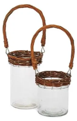 Immagine prodotto di Lanterna in vetro e vimini, diametro 10 cm, altezza 12 cm, realizzata a mano