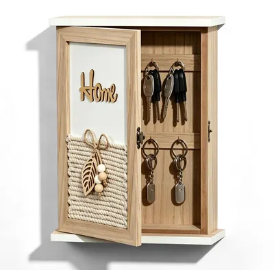 Holz Schlüsselkasten mit 6 Haken, Wandmontage, 28x20x7 cm