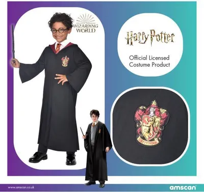 A collage showcasing a Harry Potter robe costume for children, including a model wearing the robe and a close-up of the Gryffindor crest.