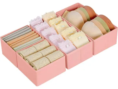 Immagine prodotto di Organizzatori per cassetti, 4 pezzi pieghevoli, per biancheria intima, calzini, cravatte, cinture, colore rosa, dimensioni 30x15x9 cm e 15x15x9 cm