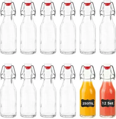Productafbeelding van Vulflessen Set van 12 - 250 ml - Beugelsluiting - Etiketten - Voor Olie/Azijn/Likeur/Sap/Siroop - Glazen Flessen - Fles