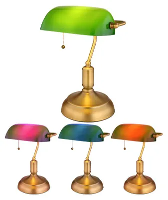 Produktbild von Smart LED Tischleuchte, Bankerlampe, Zugkette, altmessing, grün, H 36 cm