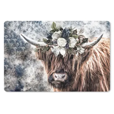 Produktbild von MuchoWow® Schreibtischunterlage Schottische Highlander - Blumen - Nebel 60x40 cm - XXL Mauspad - Großes Mauspad