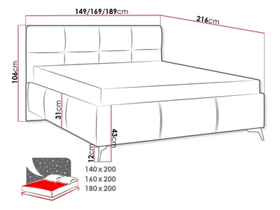 A diagram showing the dimensions of a bed frame with various measurements indicated.