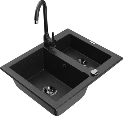Produktbild von Mexen Carlos 1,5-Becken-Granitspüle mit Mischbatterie Telma, Schwarz/Silbermetallic - 6518-73-670200-70-B