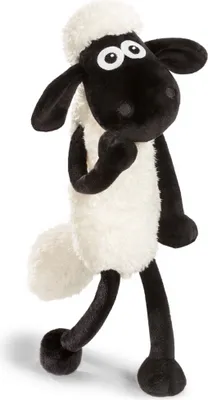 A plush toy sheep standing on a white background.