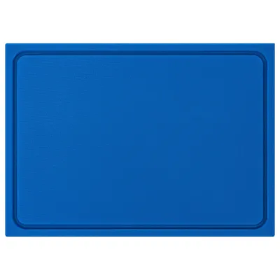 A blue cutting board with a raised edge is shown from a top-down perspective on a white background.