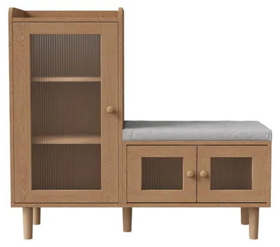 Image de Armoire à chaussures avec banc intégré - Étagère à chaussures pour entrée - Porte en verre, porte simple, compartiments - Bois - Dimensions : 100 x 35 x 70 cm - Pour 8 paires de chaussures - Aspect naturel