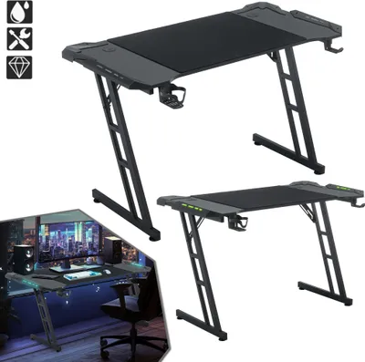 A collage of images showing a gaming desk with LED lighting, a close-up of its features, and a lifestyle shot of the desk set up with a computer and chair.