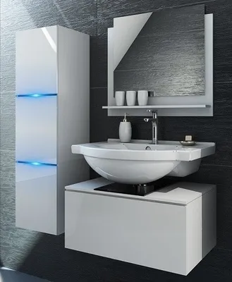 Image de Ensemble meubles de salle de bain blanc collection OWL. Colonne, meuble sous vasque, miroir, siphon et leds
