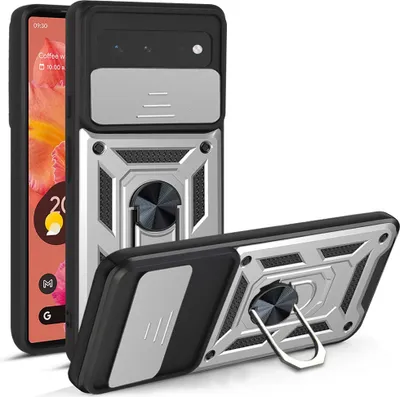 Produktbild von Google Pixel 6 Hülle mit 360° Drehbarer Magnetische Ring Ständer Halter Dia Kameraschutz TPU Bumper Silikon Schutzhülle für Google Pixel 6 Silber