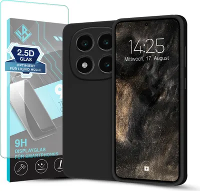 A black smartphone case and screen protector are displayed against a white background.
