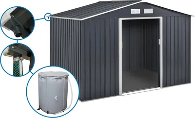 Image de Abri de jardin métal -"Vegas" - 7.06 m² avec gouttière et récupérateur d'eau - Gris