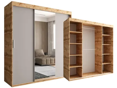 Produktbild von Schiebeschrank 180 CM Dunkelbraun - Kaschmir und Dunkelweiß - Wotan 3-türige 3-türig mit Spiegel  OTARIO