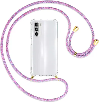 Produktbild von Handykette Backcover-Schutzhülle mit Band (Metall goldfarben) für Motorola Moto G52 / G82 - lila/rosa/blau