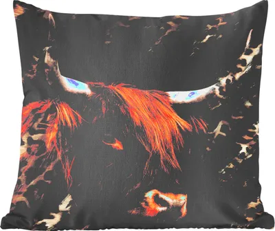Produktbild von MuchoWow® Zierkissen Sofakissen Wohnzimmer Dekokissen 60x60 cm Schottisches Hochlandrind - Pantherdruck - Design - Sitzfläche - Foto Polster