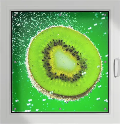 Produktbild von Wallario Lichtschutzbild, Dekorativer Sichtschutz Sonnenschutz 96 x 100 cm mit Motiv: Grüne Kiwi-Scheibe im Wasser - Verdunklung ohne Bohren
